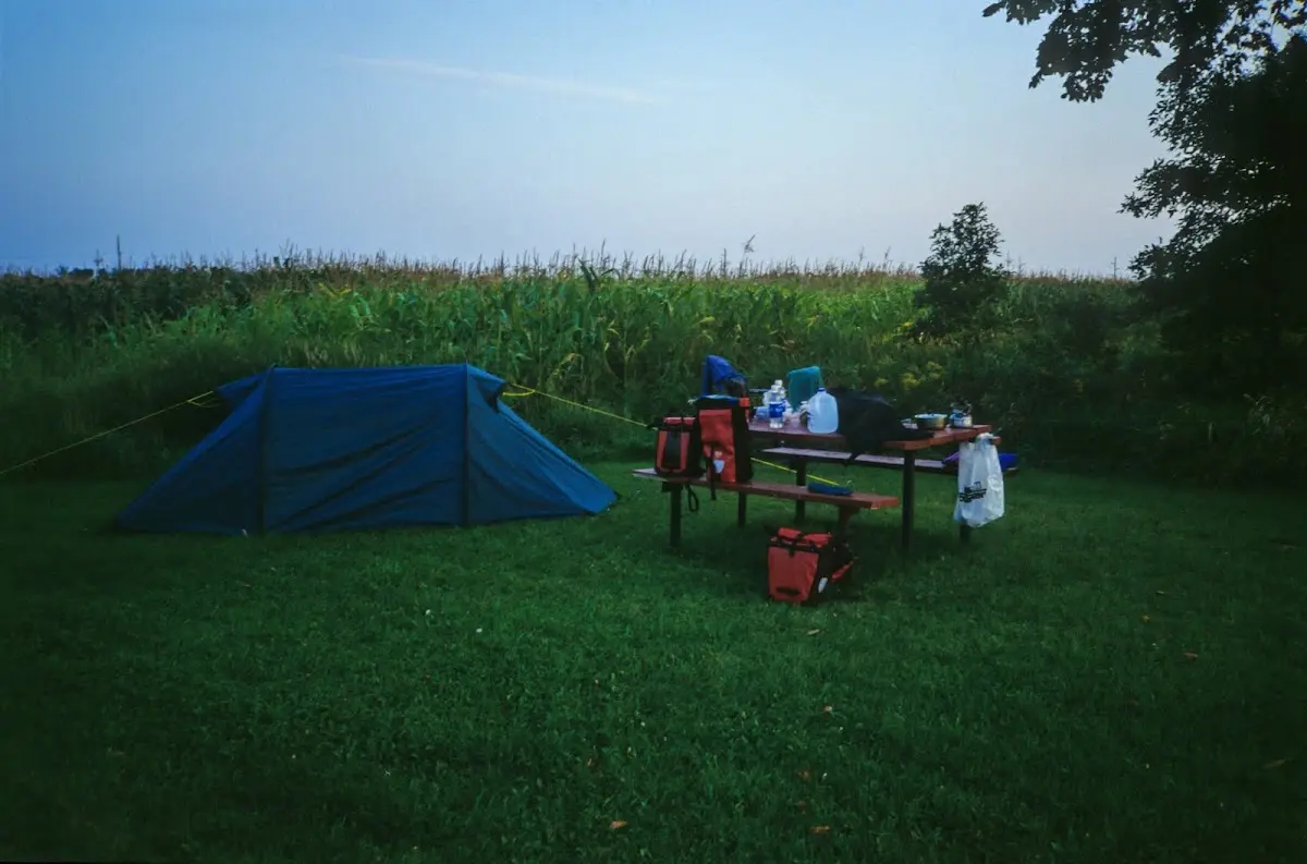 Blaues Zelt auf einer Wiese neben einem Maisfeld, daneben ein Tisch mit Packtaschen